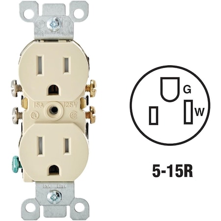 Leviton Straight Blade Receptacle, 5-15R, 15 A, 125V AC, 2 Pole, 3 Wire, Grounded N01-T5320-00I